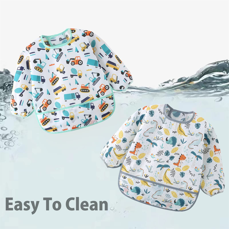 [Australia] - 5 Pack Long Sleeve Bib,Baby Toddler Waterproof Sleeved Bib for 6-30 Months Reusable with Catch-all Pocket Dino/Digger/Lion/Cactus/Animal 