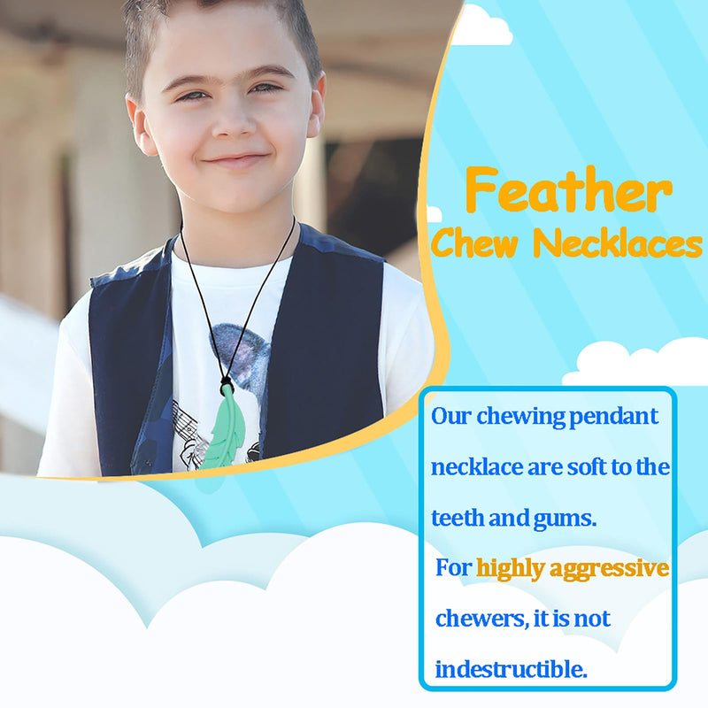 [Australia] - Sensory Chew Necklace for Kids, Boys and Girls, 5 Pack Silicone Feather Chewy Necklaces for Autism, ADHD, Chewing, Oral Motor Chewable Pendant for Mild Chewers 