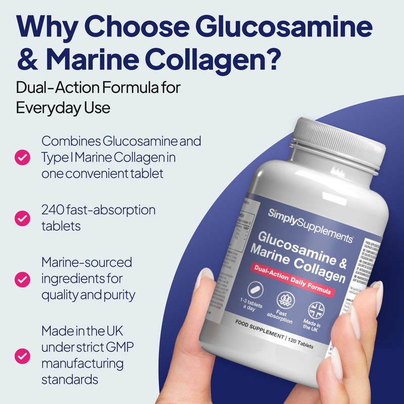 Glucosamine & Marine Collagen | Dual-Action Formula | 240 Fast Absorption Tablets = Up to 8 Months’ Supply | Marine Sourced | Made in The UK in Accordance with GMP Standards Unflavoured 120 count (Pack of 2)