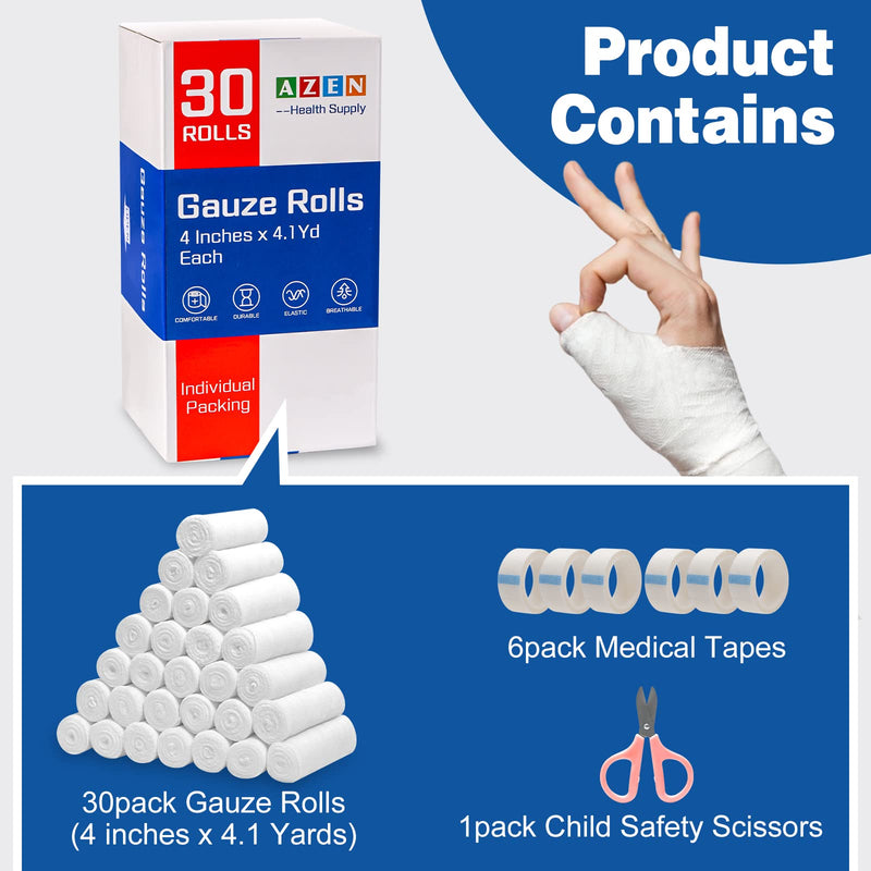 [Australia] - AZEN 30 Pack Gauze Rolls Bandages, 4 in x 4.1 Yards, Premium Medical Supplies & First Aid Supplies, Bandage Wrap Vet Wrap, Mummy Wraps 4IN C-30P 