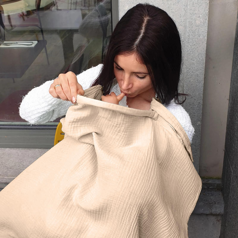 [Australia] - insular Muslin Nursing Cover for Breastfeeding, Breathable Privacy Nursing Covers with Arch Neckline for Mom, Soft Cotton Multi-use Nursing Apron, Khaki 