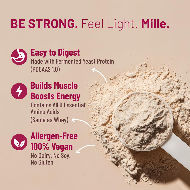 Mille Vegan Protein Powder | 31g Protein | Unflavoured | Made with Fermented Yeast Powder | Heat Stable | No Bloat, Mixes Easily, No Taste | Has All 9 Essential Amino Acids (500g) 500g