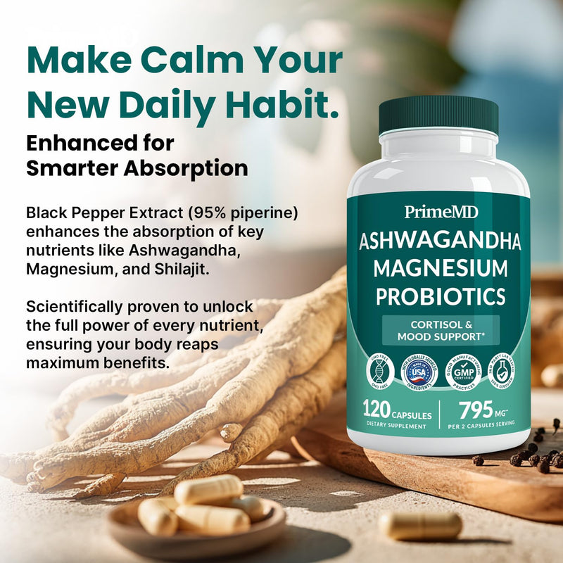 [Australia] - 5-in-1 Cortisol Supplement for Women and Men with Ashwagandha for Calmness, Focus, and Adrenal Support Supplements with Shilajit Extract, Magnesium Glycinate, Probiotics (120 ct) (Pack of 1) 120 Count (Pack of 1) 