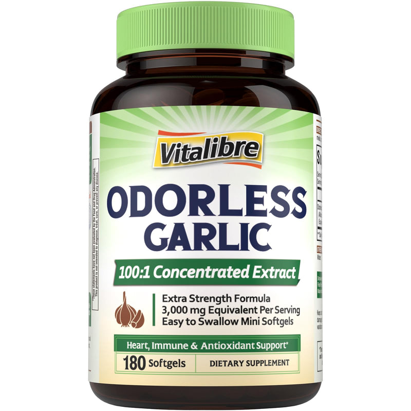[Australia] - Odorless Garlic, 3,000mg Equivalent Per Serving, Extra Strength 100:1 Extract, Non-GMO, No Gluten, Heart & Immunity, Antioxidant Defense, 180 Softgels 