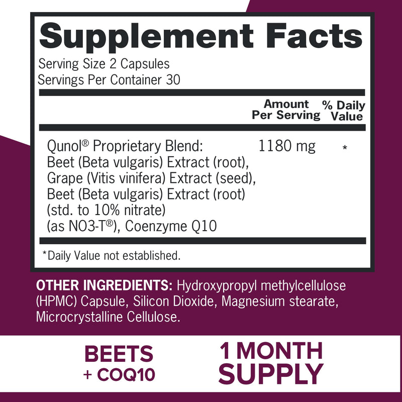 [Australia] - Qunol Blood Pressure Support, 3 in 1 Beets + CoQ10 + Grape Seed Extract, Beet Root Capsules That Supports Healthy Blood Circulation & Heart Healthy Energy, 60 Count (Pack of 2) 120 Count (Pack of 1) 