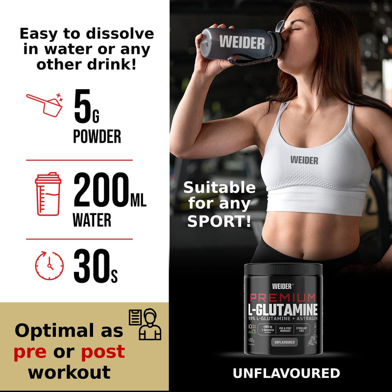 Weider Premium L-Glutamine (400g) Unflavoured, 99% Kyowa Quality® L-Glutamine + AstraGin® to improve absorption, Supporting Muscle Protection, Muscle Growth, Immunity, Pre/Post Workout, Stimulant free 400g