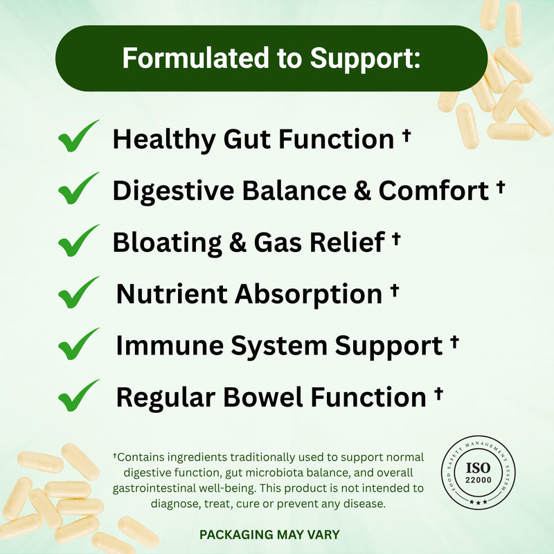 Digestive Enzyme & Prebiotic Supplement | Gut Health, Bloating & Gas Relief | With L-Glutamine, FOS, Bromelain, Lipase & Protease | Supports Digestion, Gut Flora & Nutrient Absorption | Vegan Capsules