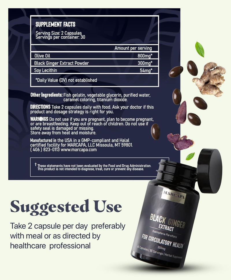 [Australia] - Marcapa Black Ginger Root Supplement - 60 Softgels | Organic Ginger Extract for Cardiovascular & Metabolic Support | Enhanced Energy & Endurance | Optimal Absorption with Olive Oil 