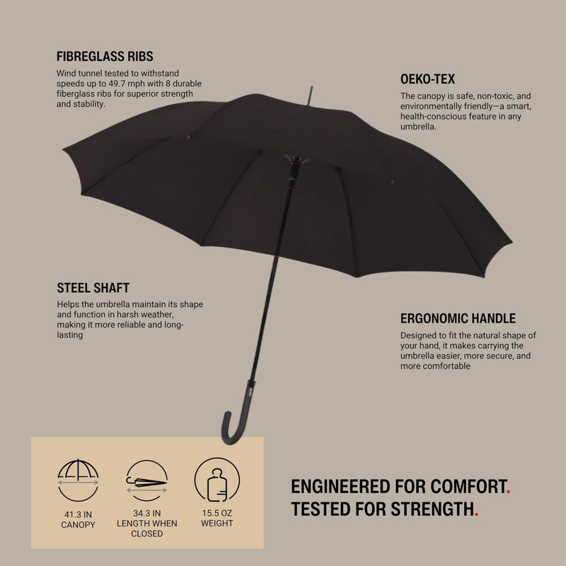 Knirps T.760 Stick Automatic Auto Open Rain Umbrella With Curved Handle - Windproof Travel Cane With Automatic Open Button - For Adults - 107cm Diameter Black
