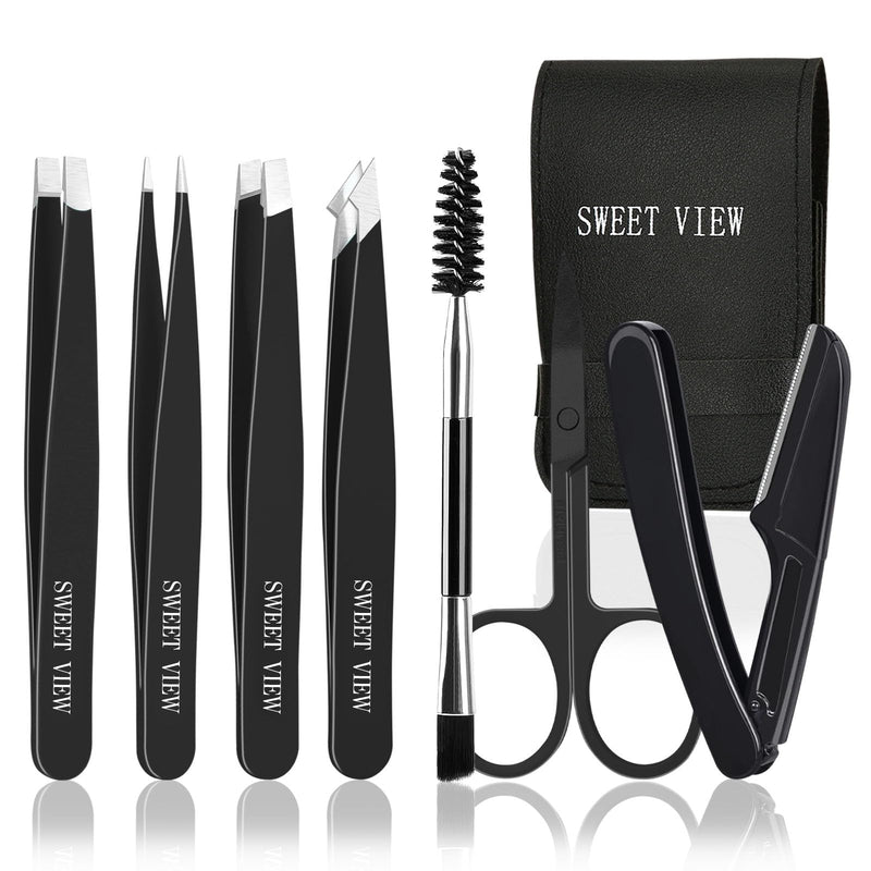 [Australia] - SWEET VIEW 7 Piece Tweezer Set Eyebrow Plucker for Women Men Face Brow Chin Ingrown Hair (Black) Black 