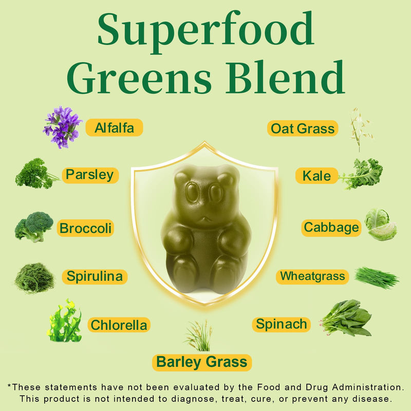 Sugar-Free Greens Gummies, Superfood Multivitamin Gummy for Adults, Greens Daily Gummies w/Spirulina, Chlorella, Adaptogens, Prebiotic Fiber & Fruit Veggie for Digestive Health, 120 Count