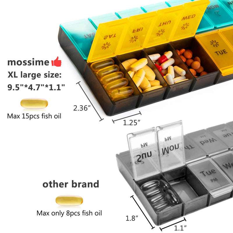 [Australia] - Mossime XL Large Daily Pill Organizer 2 Times a Day, Extra 7 Day Pill Box Am Pm, Weekly Day Night Vitamin Holder, Medicine Organizer, Big Pill Container, Medication Dispenser 14 Compartments Blue-orange 