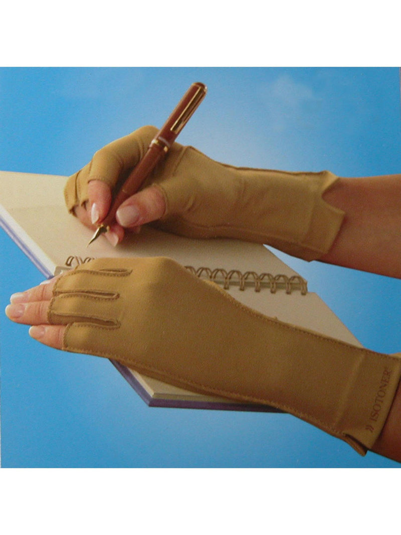 isotoner Women & Men Arthritis Compression Rheumatoid Pain Relief Gloves for joint support with Open/Full finger design Camel Large
