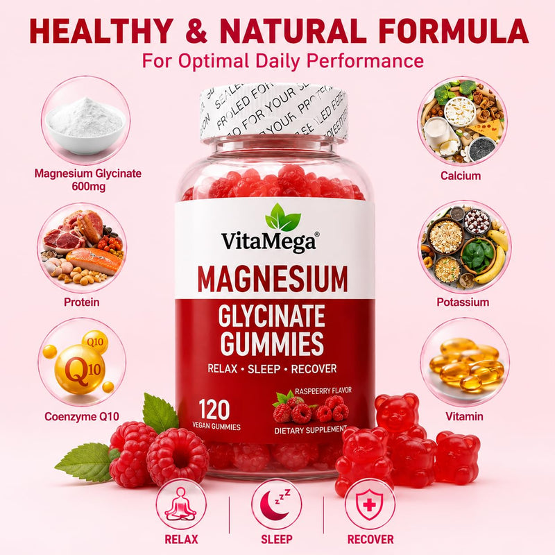 Magnesium Glycinate Gummies 120 Vegan Gummies | High Absorption Magnesium Supplement for Women & Men | Sleep, Relaxation & Muscle Support | Raspberry Flavour | Sugar Free Magnesium Gummies