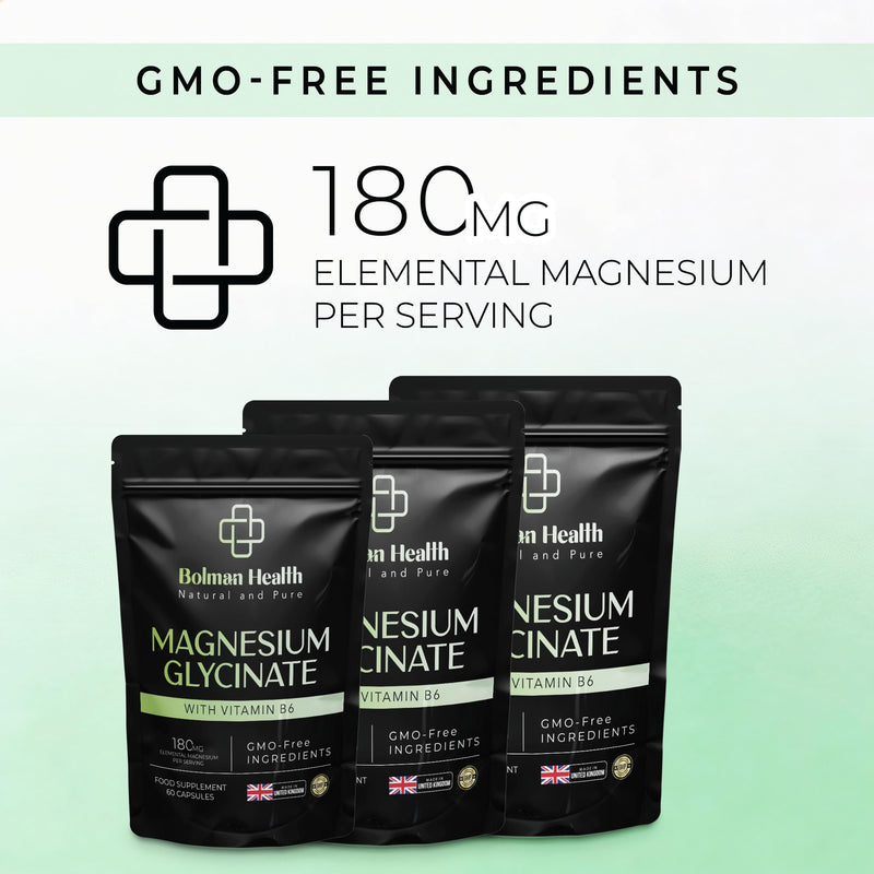 Magnesium Glycinate with Vitamin B6 | 180mg Elemental Magnesium Per Serving | Supports Muscle, Nerve & Energy Function | 60 Vegan HPMC Capsules | Non-GMO | Gluten-Free Magnesium Supplement