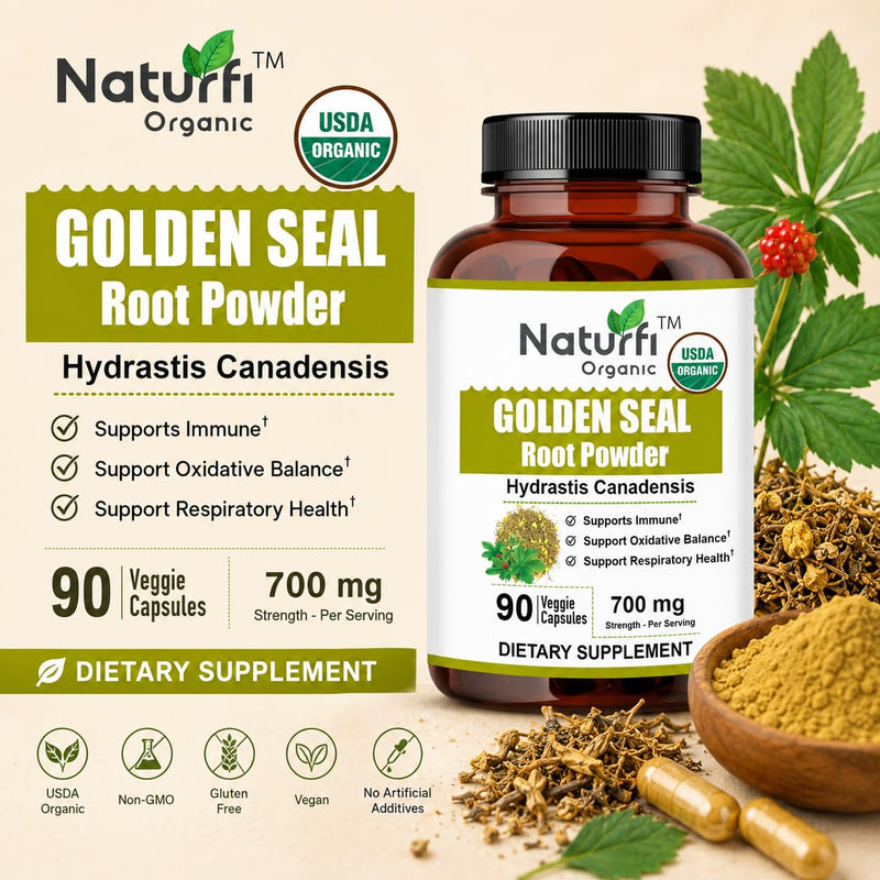 Naturfi Organic Goldenseal Root Capsules, 90 Capsules, USDA Organic, Lab Tested, Pure Natural Goldenseal Root Powder Supplement 90 Capsules (Pack of 1)