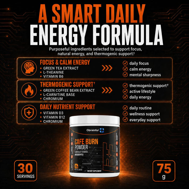 Cafe Burn Powder Dietary Supplement 75g | Thermogenic Energy & Focus Drink Mix | Green Tea, Green Coffee Bean & L-Carnitine | Metabolism Support Powder | 30 Servings