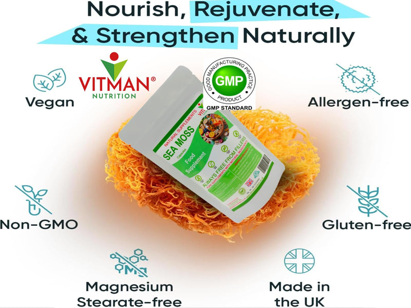 Sea Moss Capsules x60, High Strength, Natural Irish Sea Moss Supplement, Rich in Minerals & Iodine, Gluten Free, Sugar Free, GMO Free, Vegan