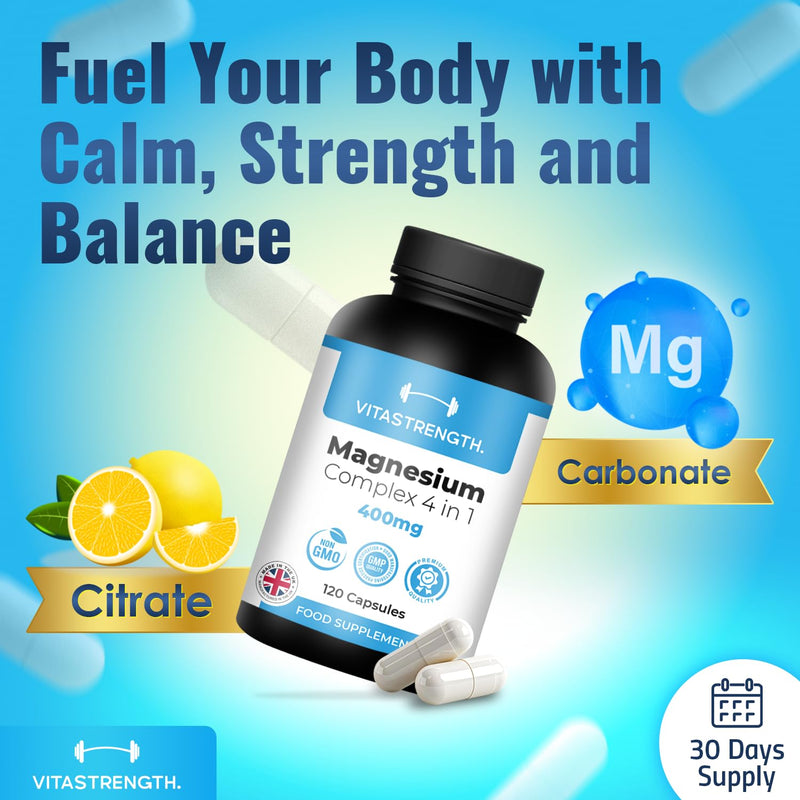 Magnesium Supplement 4 in 1 – 120 Capsules, 400mg Daily Dose-with Magnesium Bisglycinate,Citrate,Malate & Carbonate-Essential Mineral Complex for General Well-Being & Daily Support by VITASTRENGTH.