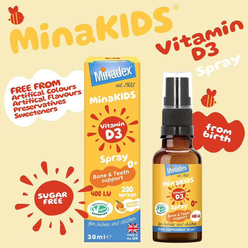 MinaKIDS Vitamin D3 Spray – Yummy Orange Flavoured Vitamins for Babies and Children with 400 I.U D3, Recommended for Bone & Teeth Support, Helps Immune and Nervous Systems, Sugar-Free, Vegan