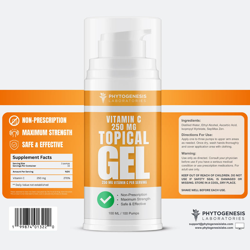 Phytogenesis Vitamin C Topical Gel | Topical Vitamin C Support, Skin & Wellness, High Absorption Transdermal Formula, 250mg per Serving