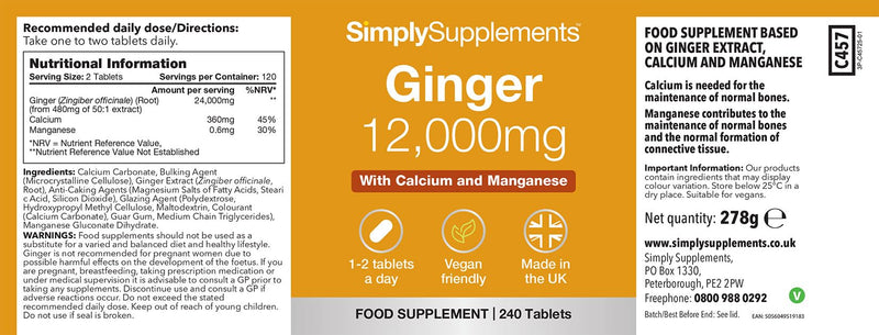 Ginger Tablets | Supports Joints, Bones & Energy | with Added Calcium & Manganese | 240 High-Strength Tablets = 4 Months’ Supply | Joint and Digestive Support | GMP-Certified & UK-Made Unflavoured 1 count (Pack of 240)