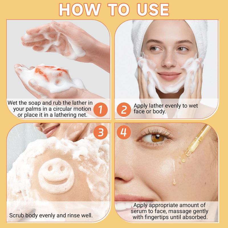 3PCS Turmeric Soap & Serum Set - Turmeric Face Serum + 2 Turmeric Soap Bars with Vitamin C & E - Deep Cleanses Pores, Reduces Acne, Controls Oil, Soothes Skin - Hydrating Facial Kit for All Skins Turmeric+3Pcs