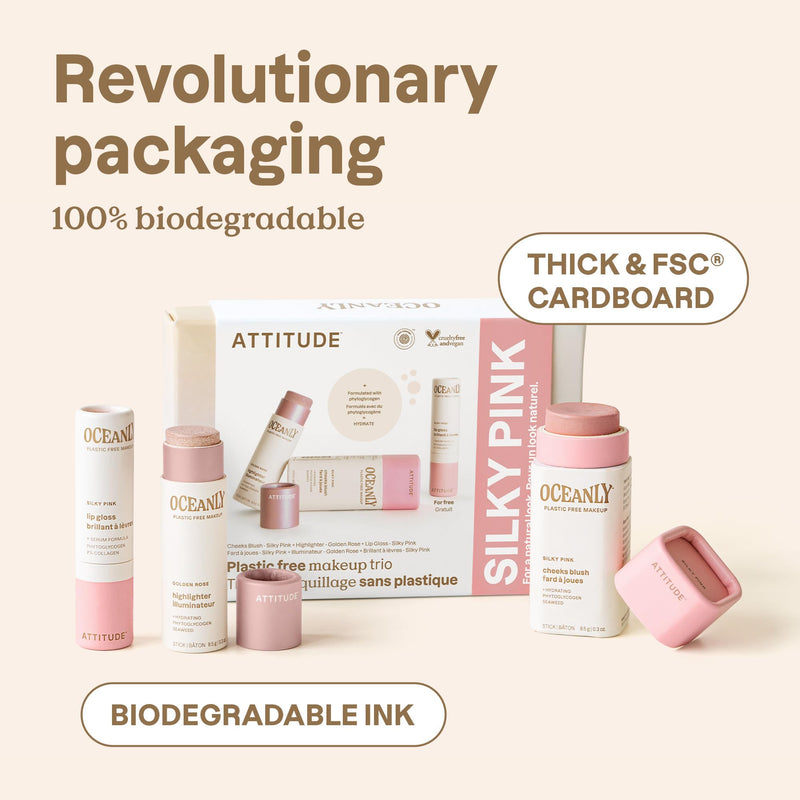[Australia] - ATTITUDE Silky Pink Makeup Box Set, EWG Verified, Titanium Dioxide-Free, Plastic-free, Plant and Mineral-Based Ingredients, Vegan and Cruelty-free Beauty Products, Set of 3 Makeup Sticks Trio Set 