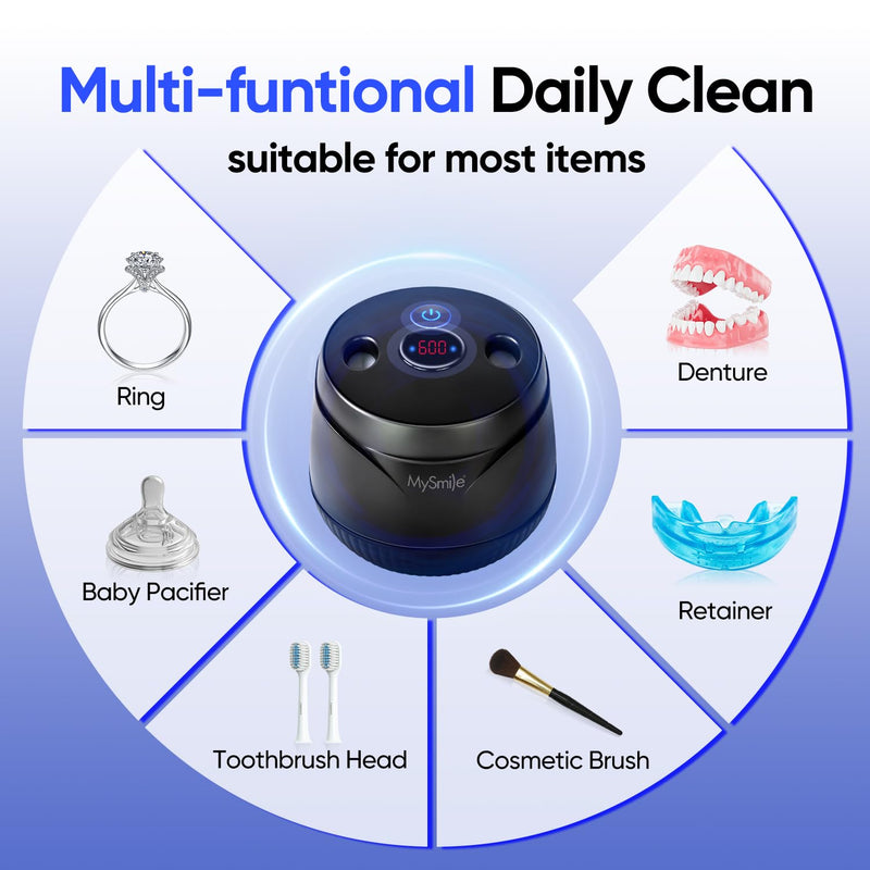 [Australia] - MySmile Ultrasonic Retainer Cleaner- 45kHz Denture Cleaner Machine with 200ML Capacity for Aligner, Mouth Guard, Braces, Portable Dental Cleaning Pod with 2 Mode Digital Timer for Home, Travel (BLACK) BLACK 