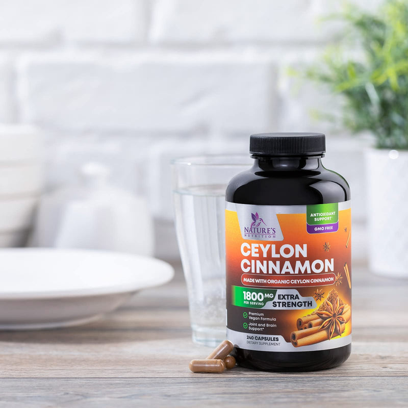 [Australia] - Pure Cinnamon Capsules, Certified Organic Ceylon Cinnamon Pills, Non-GMO, Gluten-Free, Dairy-Free, Sri Lanka Cinnamon Powder Supplement, Best Vegan True Cinnamomum Vitamins, Sugar Free - 240 Capsules 240 Count (Pack of 1) 