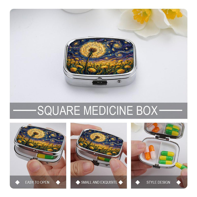 Metal 2 Compartment Pill Organizer, Portable Travel Pill Box for Vitamins, Supplements and Medication, Compact Pocket Pill Case for Purse, Wallet, Backpack and Daily Use (Oil Painting of Dandelions) Oil Painting of Dandelions