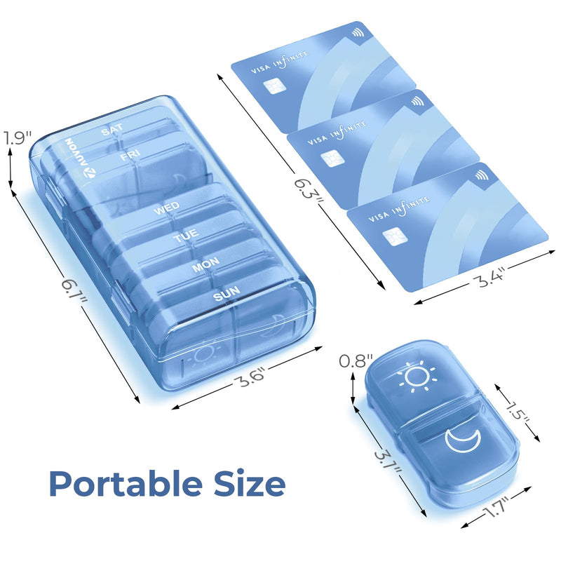 AUVON Weekly Pill Organizer 2 Times a Day, One-Side Large Opening, Easy‑Use | XL AM PM Pill Case, Travel Pill Box 7 Day, Medication Organizer for Medications, Vitamins, Fish Oils, Supplements, Ocean Blue