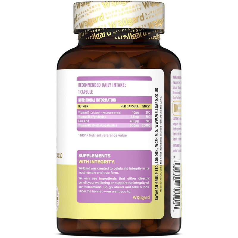 Wellgard Vegan Vitamin B12 High Strength by Wellgard - Folic Acid, Vitamin B6, Vitamin D3, B12 Supplement for Men & Women, Made in UK