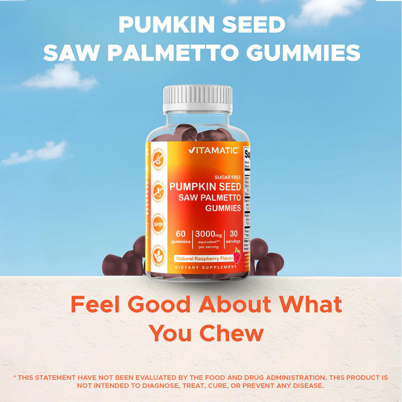 [Australia] - Vitamatic 2 Packs Sugar Free Pumpkin Seed Gummies- 3000 mg Equivalent Per Serving (from 20:1 and 10:1 Extract 200 mg) - Made with Saw Palmetto - Natural Raspberry Flavor - 60 Count 