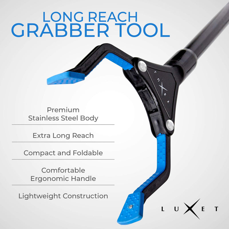 Grabber Reacher Tool - Newest Version Luxet 19 Inch Long Steel Foldable Pick Up Stick - Strong Grip Magnetic Tip - Heavy Duty Trash Picker Claw Reacher Grabber Tool for Elderly Wheelchair Mobility Aid 19 Inch (Pack of 1) Blue