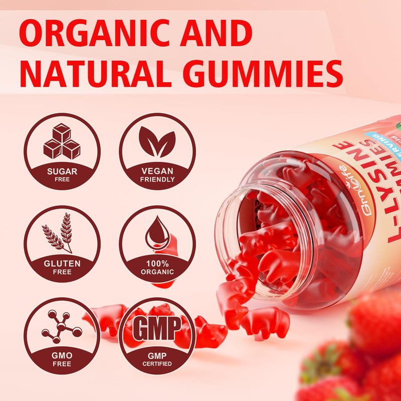 2 Pack L-Lysine 1000mg Gummies, Chewable Lysine Supplement for Adults & Kids, Essential Amino Acid Supplement for Immune Support, Collagen Formation Support, Strawberry, 120 Count 120 Count (Pack of 1)