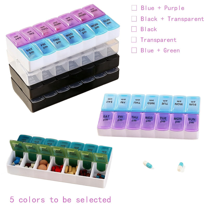 Pill Organizer,14 Compartment Weekly Portable Pill Dispenser Reminder,Travel Daily Pill Case Box Holder, Medication Planner for Vitamin,Medicine,Fish Oil,Supplements(Blue/Purple, Large) Blue/Purple