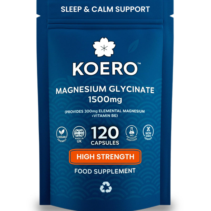 KOERO Magnesium Glycinate 1500mg (300mg Elemental) + Vitamin B6 – High Absorption Chelated Magnesium Capsules – Supports Sleep & Relaxation – 120 Capsules – UK Made