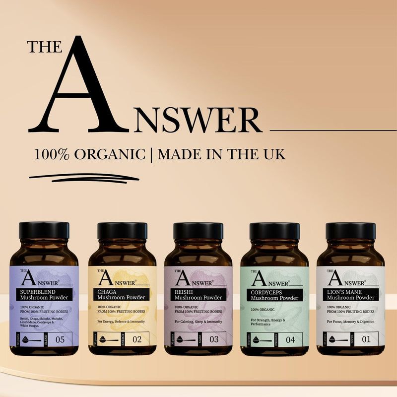 The Answer 100% Organic Lion's Mane Mushroom Powder 50g for Focus, Memory and Digestion - 1000mg-2000mg per Day - High Strength Immune Support Supplement and Everyday Superfood - Made in The UK