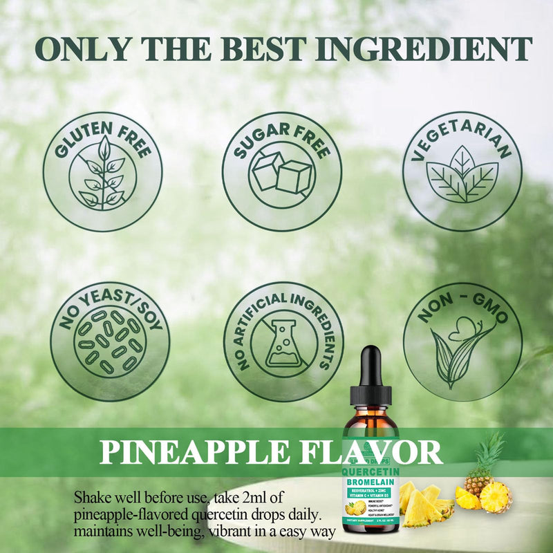 [Australia] - Quercetin with Bromelain Liquid Drops, 4X Stronger Than Capsules & Pills, 7-in-1 Organic Zinc Quercetin 1000mg with Bromelain 500mg Vitamin C D3 Immune Support for Respiratory Health & Antioxidant Pineapple 2 Fl/Oz (Pack of 1) 