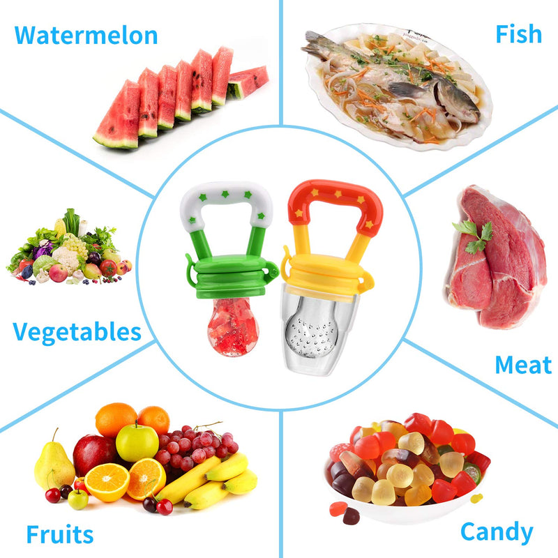 [Australia] - Food Feeder Baby Fruit Pacifier (3 Pcs) with 6 Different Sized Silicone Pacifiers 2 PCS Dispensing Spoon 90ML Spoons Clip Infant Teething Toy -Blue Blue & Green 