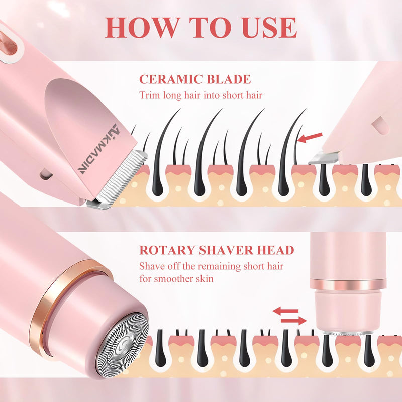 [Australia] - Bikini Trimmer for Women, 2 in 1 Electric Razors for Women, Bikini Shaver, IPX7 Waterproof & Easy Cleaning, Ceramic Blade, 120 Min Cordless Runtime, Ultra Low Silent (Pink) Standard version 