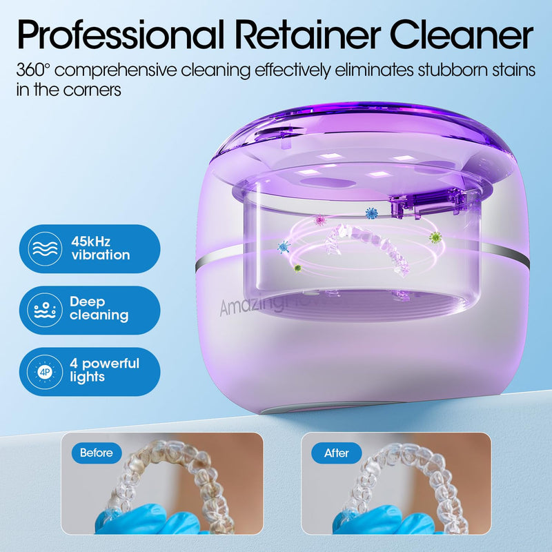 [Australia] - Ultrasonic Retainer Cleaner Machine, Upgraded 45kHz Ultrasonic Jewelry Cleaner for Ring, Aligner, Nightguard, Mouth Guard, Toothbrush Heads, Dental Cleaning Pod with 4 Lights 200ML 