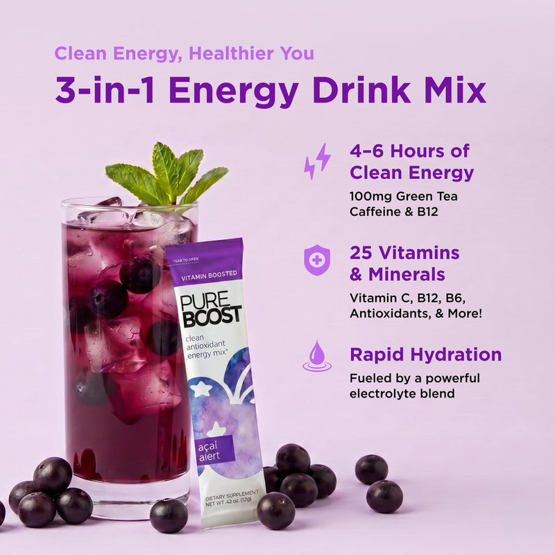 Pureboost Sugar-Free Clean Energy Booster Drink Mix, Acai Alert 10ct | B12 vitamins, low sodium electrolytes & antioxidants. 25 vitamins and minerals. No sucralose. 10 Count