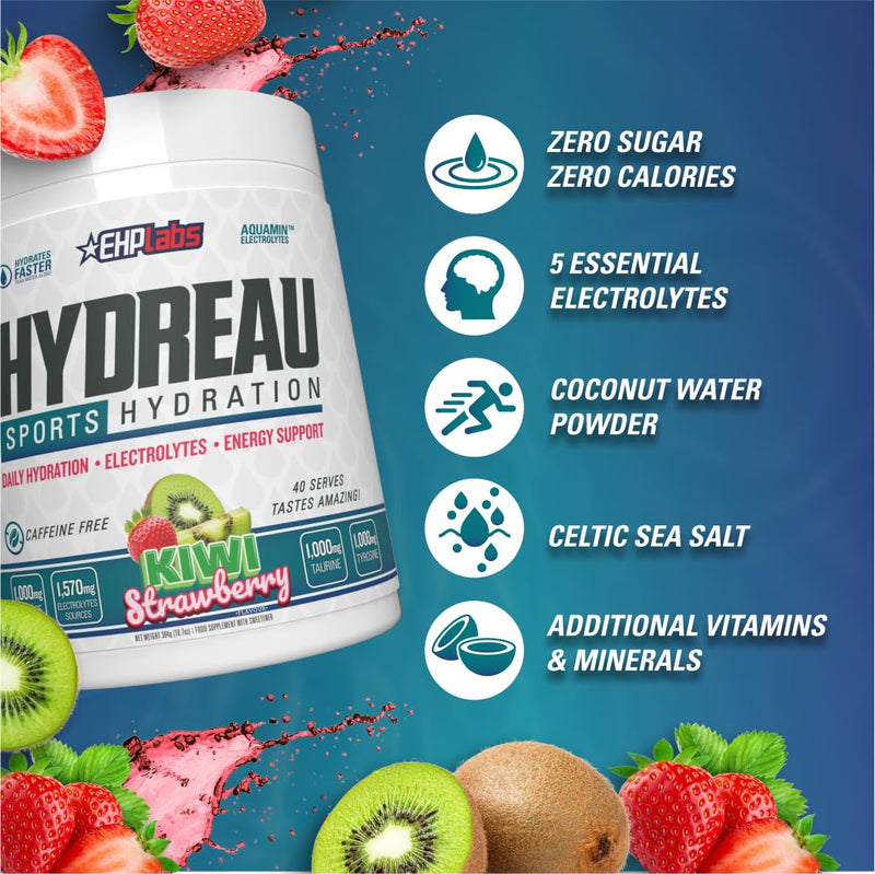 EHP Labs Hydreau Electrolytes Powder No Sugar - Hydration Powder for Endurance & Energy - Electrolyte Powder for Men & Women - Sugar Free Electrolytes - Kiwi Strawberry (40 Serves) 40 Serves