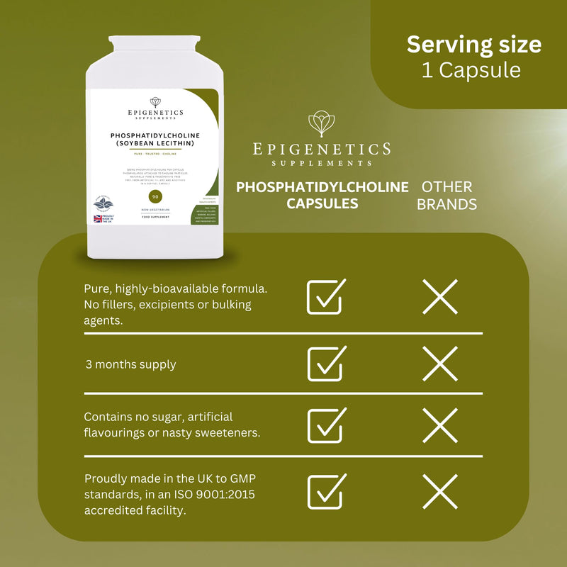 Phosphatidylcholine | 385mg Phosphatidylcholine (Soybean Lecithin) | Cell Health & Brain Function | 90 Capsules UK Made | 1 Capsule Daily (3 Month Supply)