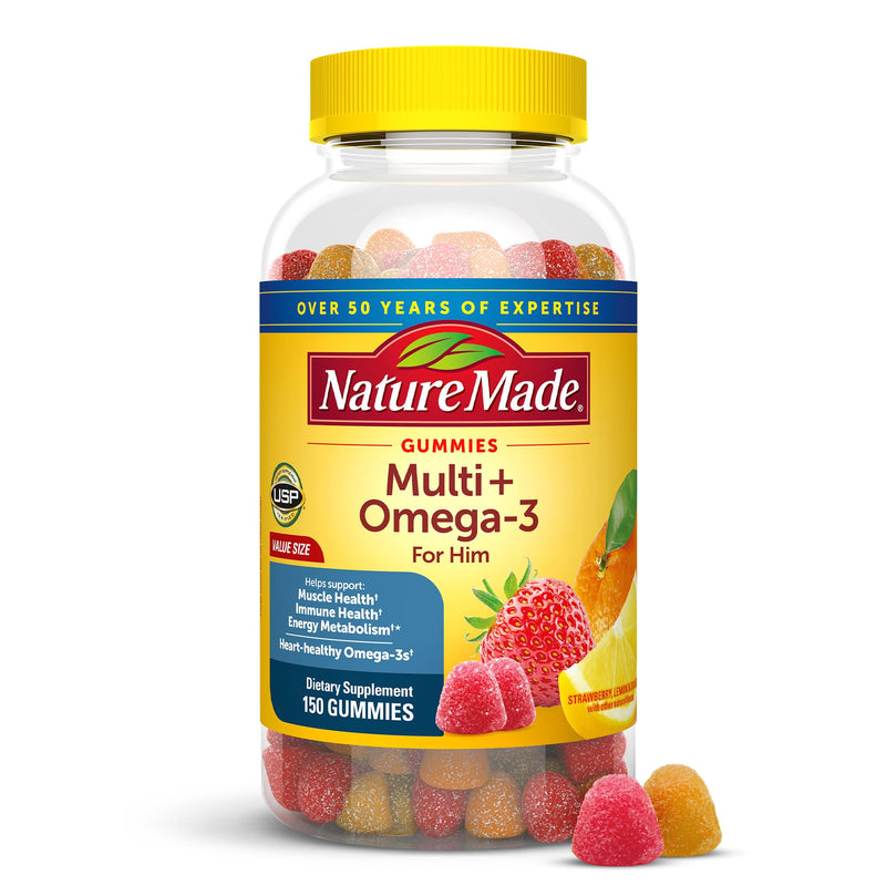 [Australia] - Nature Made Mens Multivitamin Gummies with Omega-3, Mens Gummy Multivitamins for Daily Nutritional Support, 150 Gummy Vitamins and Minerals, 75 Day Supply Lemon,Strawberry 150 Count (Pack of 1) 