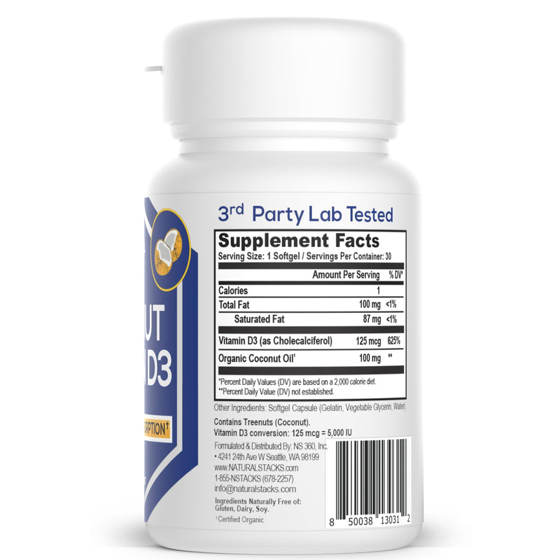 NATURAL STACKS Vitamin D 5000 IU Supplement - with Coconut Oil for Optimal Absorption - Vitamin D Pills for Immunity & Cell Growth - D3 125mcg Cholecalciferol Supplement - 30 D3 Servings (Pack of 2) 30 Count (Pack of 2) Vitamin D3