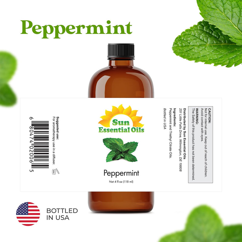 [Australia] - Sun Essential Oils - Peppermint 4oz Bottle for Diffuser, Humidifier, Aromatherapy, Personal & Home Care - Therapeutic Grade Peppermint Essential Oil - Peppermint Fragrance Oil for Candle Making 4 Fl Oz (Pack of 1) 