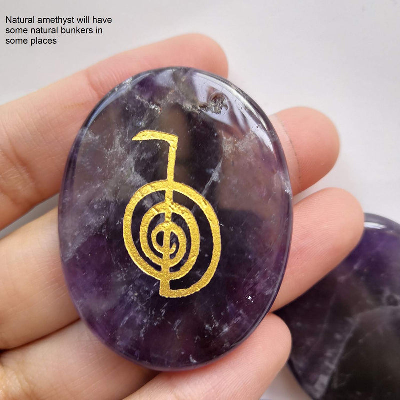 4 Pcs Amethyst Engraved Chakra Stones Healing Crystal Reiki Balancing Palm Stone, 45mm
